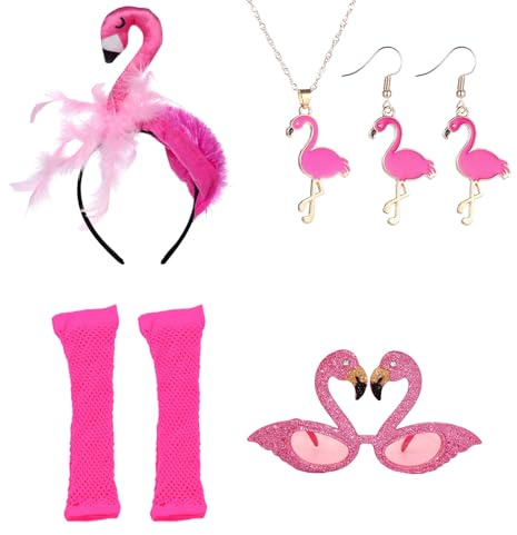 Rainway Lot de 5 accessoires de déguisement de flamant rose avec lunettes en strass, serre-tête, bijoux et gants en maille – Accessoire de costume hawaïen de qualité supérieure pour fête à thème