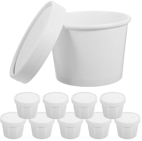 TOVINANNA Saladier Jetable Blanc en Papier 240ml avec Couvercle Lot de 10 Sets de Sets pour Emporter Soupe Réfrigérateur Sûr et Facile à Ranger pour Voyage et Fitness