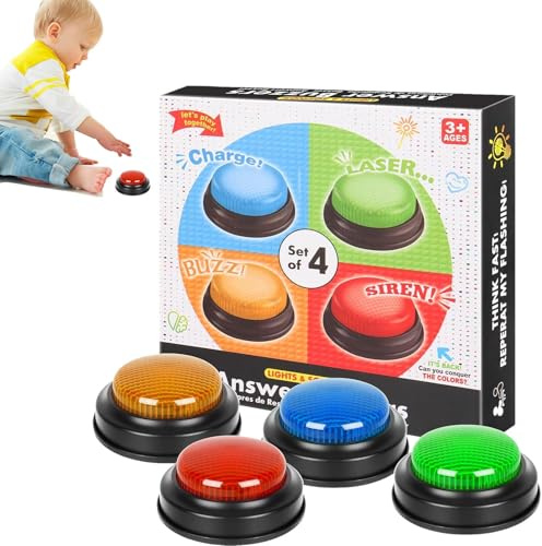 Game Answer Buzzer - Set of 4 Game Show Style Buzzers with Distinct Sounds, for Family Quiz Night, Classroom Activities, Trivia & Party Games