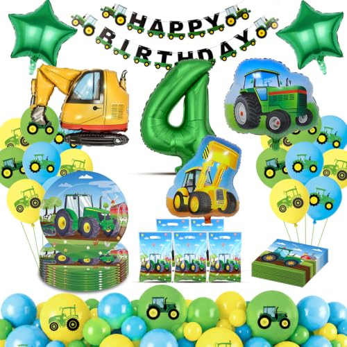 Fizdoqg Geburtstagsdeko Junge 4 Jahre Traktor Party Deko Trecker Geburtstag | mit Banner Luftballon Partygeschirr Servietten Geschenktüten für Party Deko, Kindergeburtstag Decorations