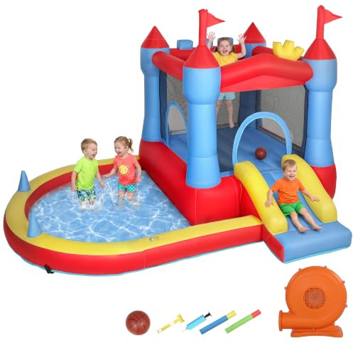 AIYAPLAY Hüpfburg mit Gebläse Spielcenter für 3-8 Jahre 342x255x209 cm | Aufblasbar, Mit Rutsche, Trampolin, Planschbecken/Bällebad, Basketballkorb, Wasserpistole, Bouncy Castle Indoor & Outdoor