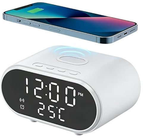XOMIUHL Alarm Clock Bedside Wireless Charger 2-in-1, 15W Fast Wireless Charging Alarm Clock, LED Display with Temperature & 5 Brightness Levels, Smart Digital Clock for Bedroom/Office/Dorm (White)