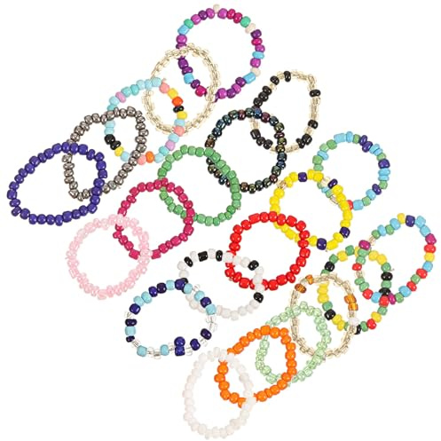 Alasum Bunte Perlenringe 21 Stück Elastische Fingerringe aus Glasperlen für Damen und Mädchen Sommerparty und Alltag 0,91X0,91 Zoll Zufällige Farbe