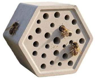 Bienenhotel aus Beton – wetterfeste Nisthilfe für Wildbienen, mit Papierröhren und Metalldach, für Garten, Balkon, Terrasse – ökologischer Insektenunterschlupf (A)