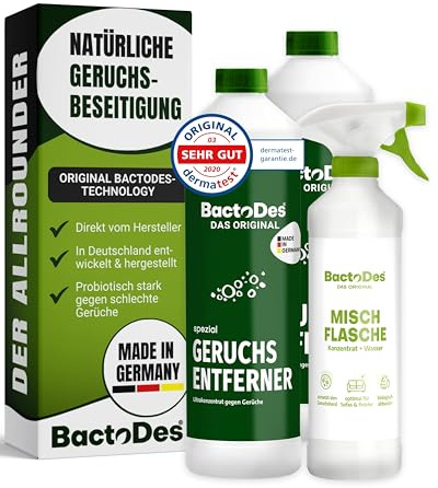 BactoDes - Spezial Geruchsneutralisierer 2L Konzentrat mit Spray-Mischflasche - Universal Enzymreiniger mit bio Mikroben-Wirkung - Effektiver Geruchsentferner für sämtliche unangenehme Gerüche