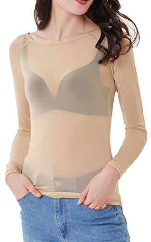 Kate Kasin Nude Mesh Top for Women, Long Sleeve Sheer Blouse, Basic Lightweight See Through Tops Nude XL