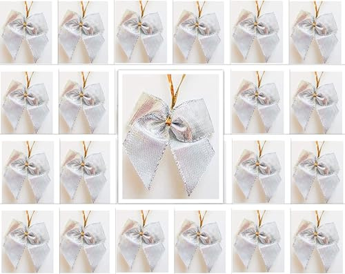24 Stück Lurex-Glitzer-Schleifen Weihnachtsbaum 6 cm mit extra langem Befestigungs-Clip (Silber Glatt)