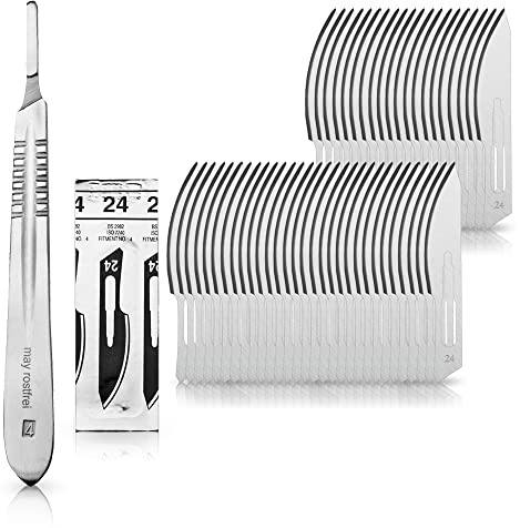 May Kit scalpel bricolage manche figure 4 et 50 lames fig 24 inox | Kit de scalpel professionnel incluant manche en acier inox et 50 lames (figure 24) pour modélisme