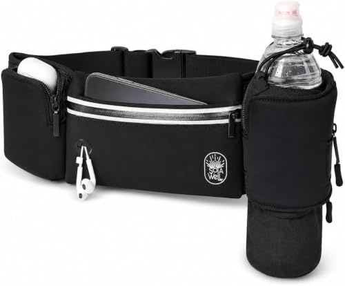 SOLAWELL Running Belt with Water Bottle Holder - Waist Bag With Extender for Jogging, Hiking, Cycling, Walking - Dog Walker Hydration Fanny Pack - Sport Pouch iPhone Carrier for Women and Men - Black