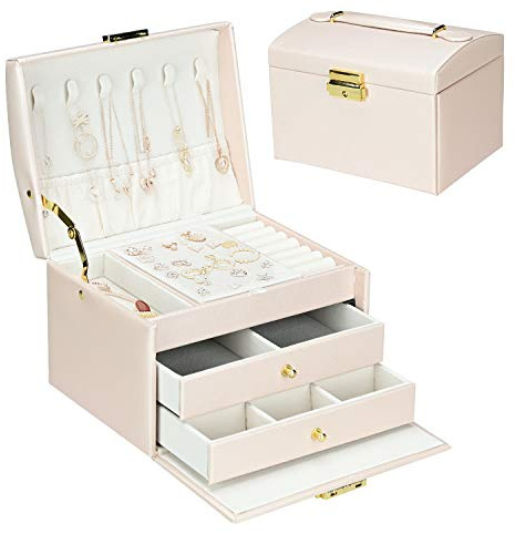 Podazz Caja Joyero de 3 Niveles, Joyeros Mujer Organizador Caja de Joyas de viaje con Asa, 2 Cajones Estuche Rectangular para Guardar Joyas,Pendientes, Anillos y Collares, con cerraduras,Rosa