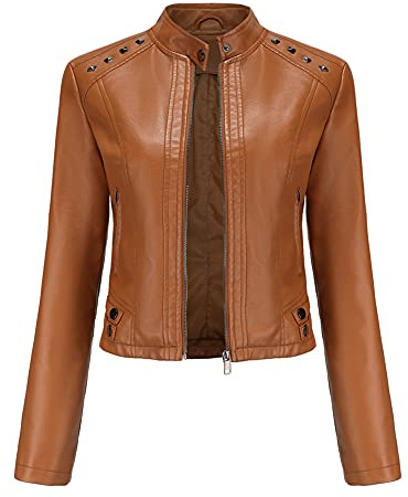 YYNUDA Women's Stylish Faux Leather Jacket With Rivets Zip Up Motorcycle Short PU Moto Biker Outwear Fitted Slim Coat Brown L