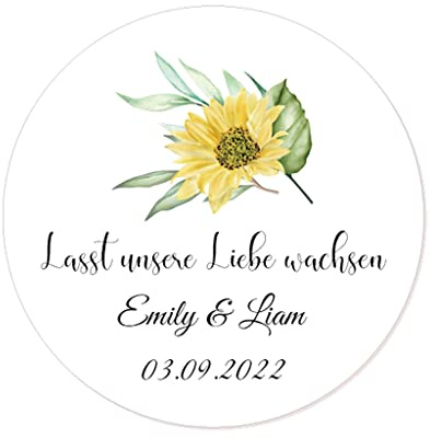 48 personalisiert Lasst unsere Liebe wachsen Aufkleber, Sonnenblume Hochzeitssticker, 4 cm Runde Liebe Saat/Blumensamen Etiketten für Hochzeit,Taufe,Geburtstag,Gastgeschenk,Tüten - Rd 270-016