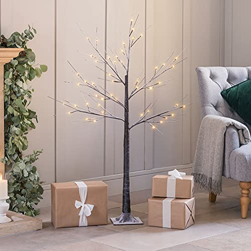 Christow Snowy Twig Tree with Lights, 4ft | Pre-Lit Flocked Christmas Tree, 48 Warm White LEDs, Indoor & Outdoor Use, Mains Operated, Stand Included