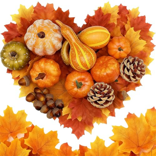 Künstliche Kürbisse Set, 50-teiliges Herbst Deko Set für eine lebensechte Tischdeko, Halloween & Thanksgiving Dekoration, inkl. Ahornblätter & Eicheln für Herbst Home Draussen Party (2025 Neu)
