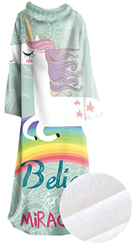 PEIHUODAN Kuscheldecke Mit Ärmeln Kinder Mädchen Damen XXL Winter Weiche TV-Decke Microfaser Fleece Tagesdecke Ärmeldecke Lazy Einhorn Motiv Warmer Poncho Wohndecken Decke Flauschig (Grün,115x130 cm)