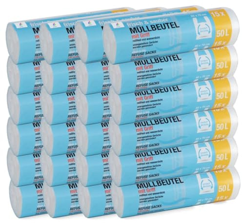 150 sacs poubelle Premiumline : 50 litres, pack de 10, taille : 60 x 70 cm - Particulièrement résistants aux déchirures et imperméables - Avec poignée de transport/anse