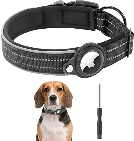 VSSHE Hundehalsband,Reflektierendes Airtag Hundehalsband Nylon Hunde Halsband Verstellbare Hundehalsband mit AirTag Hundehalsbandhalter Verlust Verhindern für Kleine und Mittelgroße Hunde Schwarz-S