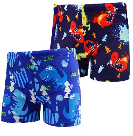 NautySaurs 2-pack pojkar badbyxor 1–10 år barn badmode dinosaurie haj shorts, Dinosaurie himmelsblå + mörkblå, 8-10 år