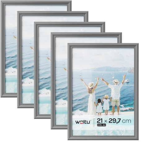 WOLTU Bilderrahmen A4 (21x29,7 cm) Grau, 3er Set Fotorahmen aus Massivholz und PS-Platte, Holzrahmen mit Passepartout, zum vertikalen oder horizontalen Aufhängen/Aufstellen, Rahmen