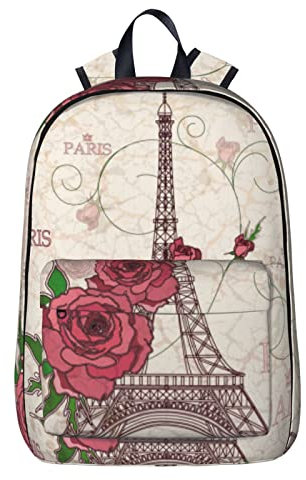 NYHGOXM Rucksack mit Eiffelturm-Motiv, Rosen-Druck, wasserabweisend, Laptop-Rucksack, Schulanfang und Universität, Schwarz , One size