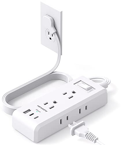 Flat Plug Power Strip, HANYCONY Ultra Thin Extension Cord, 6 Outlets 3 USB Ports(2 USB C), 5ft Multiple Outlet Extender with Wall Mount No Surge Protector for Dorm Room, Cruise, Travel Essentials