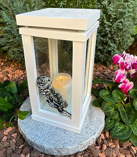 Generisch Grabkerzenhalter Laterne Weiss - Silber Effekt, Stein, Glas, 27x14x14 cm, 2.4 kg, Beerdigung, Bodenmontage, 12 cm Durchmesser, Neuware mit Grabkerze
