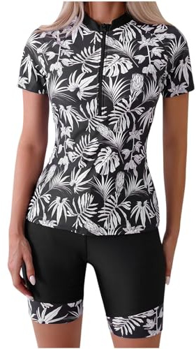 Women Modest Swimwear with Shorts Two Piece Swimsuit Short Sleeve Rash Guard Sets Tummy Control Swimwear Swimming Costume Burkini Hawaiian Leaves Surfing Bathing Suits Ladies UK Clearance Black