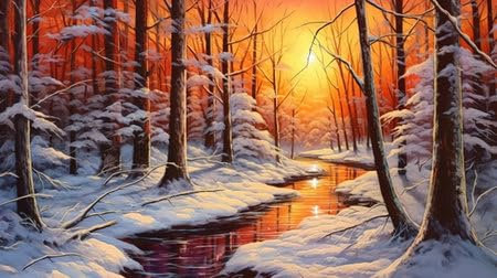 Acryl-Bild 50 x 30 cm: Winterwald bei Sonnenuntergang mit Schnee auf Bäumen und Boden. Generative KI (204925147)