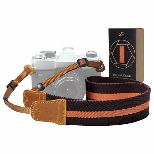 Padwa Lifestyle Brown Yellow Stripes Camera Strap -Double Layer Crazy Horse Cowhide End,1.5 Wide Pure Cotton Woven Camera Straps,Adjustable Neck Shoulder Strap for Cameras,Gift for Photographers