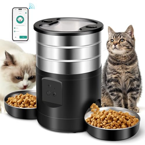 5L Distributore Automatico Cibo Gatti 2 Ciotole, Dispenser Crocchette Gatto 2.4G WiFi Acciaio Inox Anti-Intasamento 24h Timer 1-10 Pasti al Giorno Alimentazione 1-40 Porzion, Mangiatoia per Cani Gatti