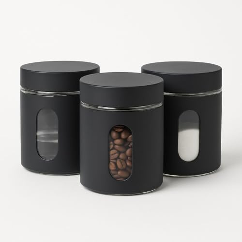 JYZ Black Storage Canisters Set of 3 | Airtight Tea, Coffee & Sugar Containers with Screw-On Lids | Modern Kitchen Organization & Storage Jars | Stainless Steel Canisters