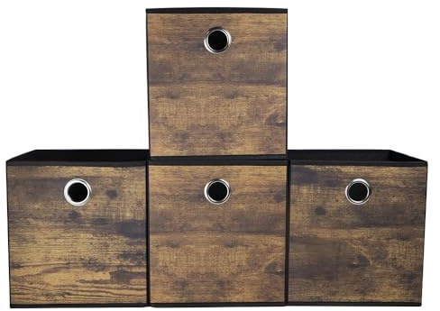 4 Pack Durable Storage Cube Bins with Wood Grain,Decorative Thickened Fabric Boxes,Space Saving Foldable Storage Baskets for Open Shelf,Closet,Storeroom,Bedroom,Nursery,Office,Dorm,26x26x28cm (Small)