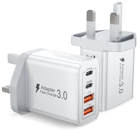 2-Pack USB C Plug Fast Charger 40W 4 Port with Dual PD 3.0 & QC Multi Phone Charger Adapter UK Wall Mains Plug for iPhone 16 15 14 13 12 11 Pro Max X XR XS 8 7 6 6S Plus 5 5S SE,iPad,AirPods,Samsung