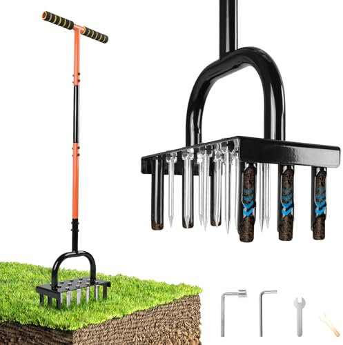 Lawn Aerator,Aerator Lawn Tool with 12 Steel Spikes and 6 Breathable Spike,Core Aerator for Compacted Soils and Lawns,Manual Aeration Tools with Padded T-Handle for Lawn Yard and Garden