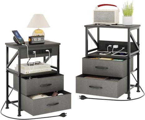 MUTUN Nachttisch 2er Set, Nachttische mit Steckdose, Beistelltisch mit Schublade & Ladefunktion, Nachttische mit 3 AC-Anschlüsse & 2 USB-Anschlüssen