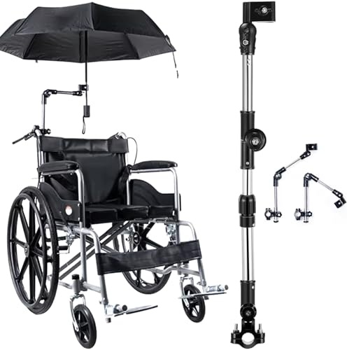Paraguas de silla de ruedas con abrazadera de paraguas plegable ajustable retráctil de 180 °, soporte de soporte de acero inoxidable con base sin deslizamiento, para cochecito, sillas de rued