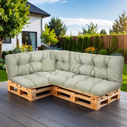 SLIPIO Palettenkissen für Europaletten, 6-TLG. Set, wetterfest, Olivgrün | Palettenpolster; FÜLLPRO+ Füllung; 2x Rückenkissen 120x40 cm + 2x Sitzkissen 120x80 cm + 60x40 + 50x50