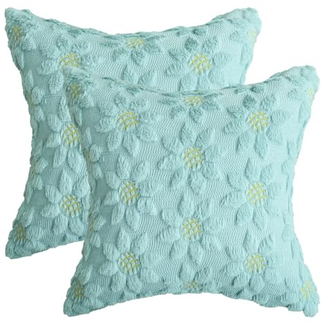 Artoid Mode Blau Sonnenblumen Weich Künstliche Pelz Jacquard Kissenbezüge 2er Set, 45x45 cm Frühling Plüsch Samt Sofakissen Zierkissenbezug Deko