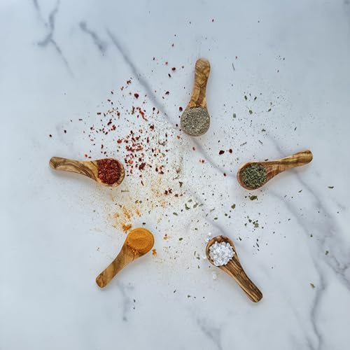 Olivenholz Gewürzlöffel 5er Set (6 cm) – Mini Holzlöffel für Salz, Zucker & Gewürze – handgefertigt & langlebig