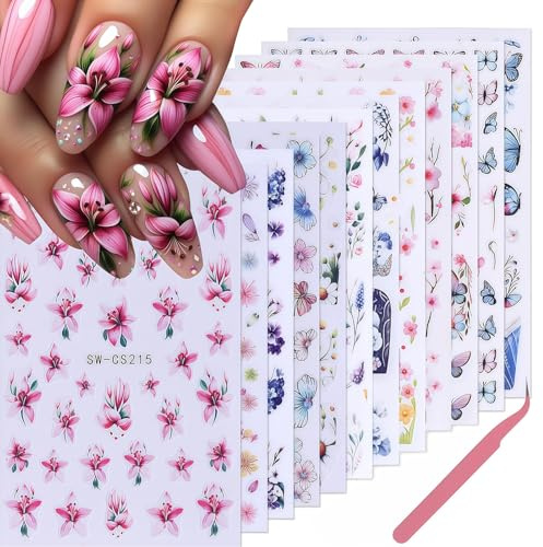 CHarmeFleur Blumen Aufkleber Für Nagel Design Abziehbilder 12 Blätter Frühlings Schmetterling Nagel Aufkleber Mit Pinzette 3D Blumen Blätter Pflanze Nagel Design