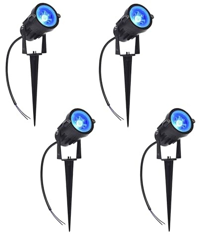 YASTA 4 Pezzi Faretto Led Esterno da Giardino con Picchetto 5w Luce Blu Nero Orientabile da Terra Impermeabilità IP65 per Prato Vialetto Cortile