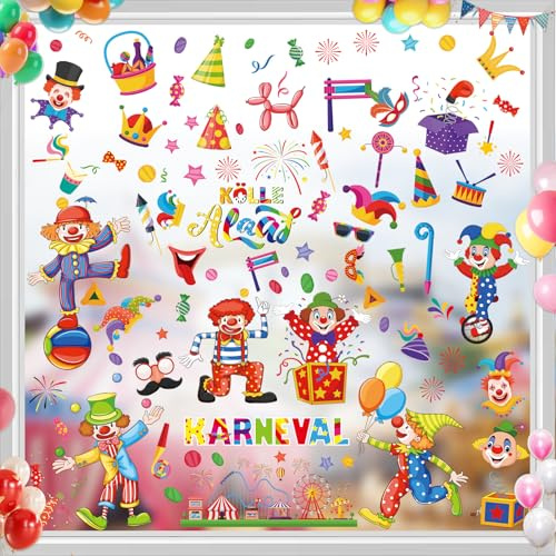 Shinybox Karneval Selbstklebend Clown Fenster, 9 Blatt Fensterbilder Karneval Selbstklebend, Wiederverwendbare Geburtstagsparty Clown Deko Fensterbilder Aufkleber Party Dek(B)