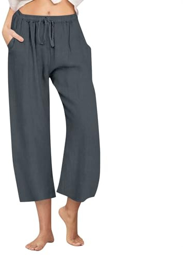 LRMQS Maternity Linen Pants Capri Pants for Women Summer Casual Wide Leg Drawstring Elastic Waist Cotton Linen Cropped Pant Lounge Beach Clothes