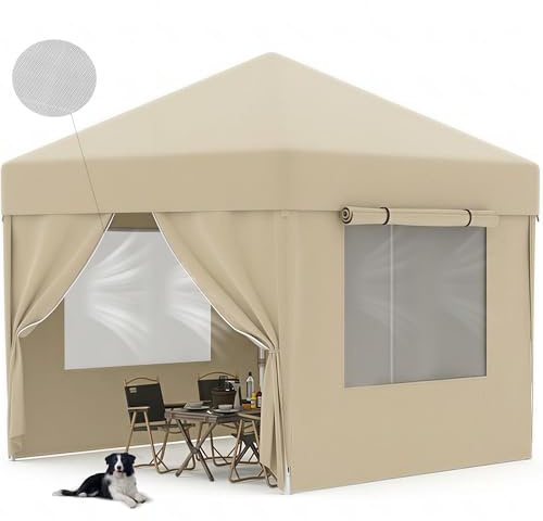 TRIUMPHKEY Pop Up Faltpavillon Fenster mit Netz Belüftung, Pavillon 3x3m Wasserdicht Stabil Winterfest, Faltbar Partyzelt Gartenzelt Gartenpavillon, Beige