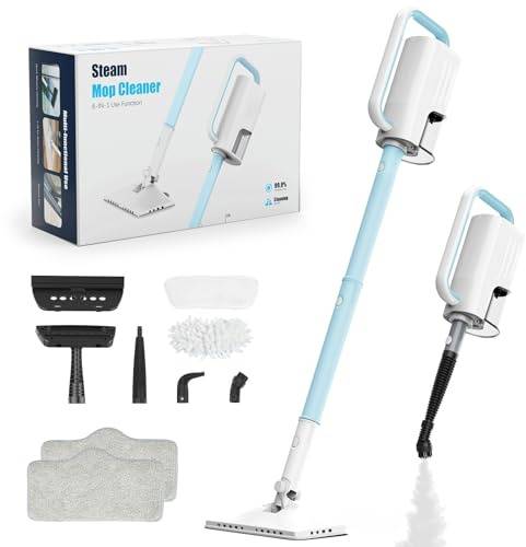 Pulitore a vapore, 6 in 1 con 2 modalità, 2 panni in microfibra, serbatoio rimovibile da 400 ml, cavo di alimentazione da 23 m, scopa a vapore rimovibile per pavimenti, pavimenti in laminato, pulizia