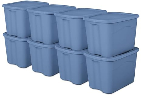 18-Gallon Plastic Storage Bin with Snap-On Lid, Light Blue, Integrated Handles, 22 5/8 x 17 1/4 x 15 1/2 Inches, 8-Pack