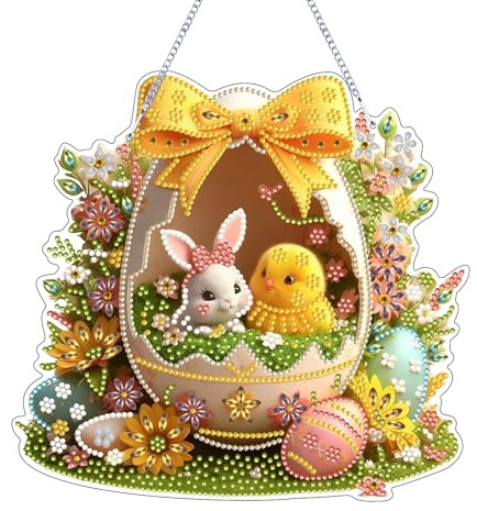 Diamond Painting Ostern, 5D Diamond Painting Ostertürkranz, Osterhase Diam-ond Pain-ting Anhänger Fensterbilder, Diamant Malerei Bastelset Erwachsene, Diamo-nd Pai-nting Frühling Für Wand Decor (A)