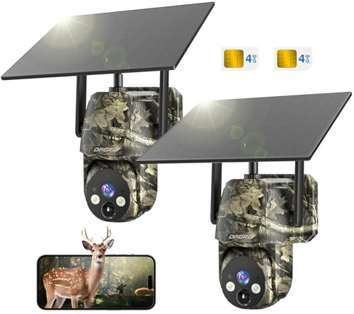 DFGRD Cámara de Vigilancia Solar 4G LTE Exterior, Sin WiFi, con Tarjeta SIM, 2K PTZ 360°, Batería 10400mAh, PIR, Visión Nocturna Color, Audio Bidireccional, IP66, Pack 2