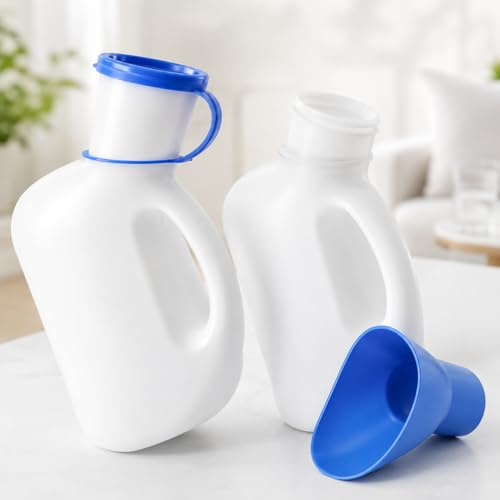 Unisex & Male Urinal Bottle 1L with Lid, Funnel or Adaptor, Portable Reusable Urine Container for Men Women Elderly Patients, Travel, Camping, Car, Bedside, Hospital (Unisex 1L Style 1 - Pack of 2)