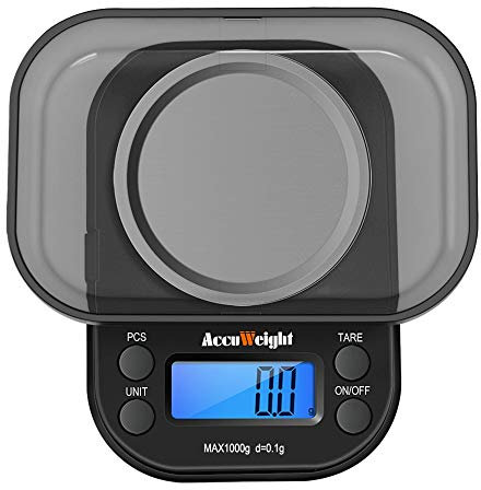 ACCUWEIGHT 255 Báscula de Cocina Portátil de Bolsillo para Joyería con Pantalla LCD Retroiluminada, Funciones de Tara y PCS, Báscula Electrónica Multifuncional de 1000 g / 0.1 g